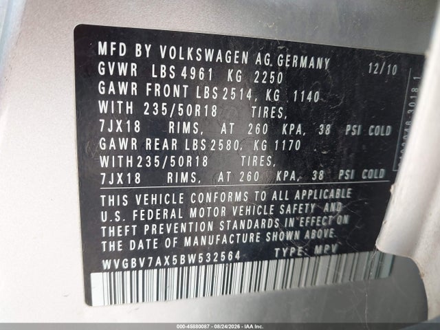 2011 Volkswagen Tiguan Se მანქანა იყიდება აუქციონზე, vin: WVGBV7AX5BW532564, აუქციონის ნომერი: 45880087