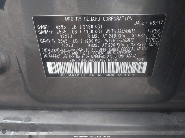 2018 Subaru Outback 2.5i Premium მანქანა იყიდება აუქციონზე, vin: 4S4BSACC2J3216930, აუქციონის ნომერი: 45880091