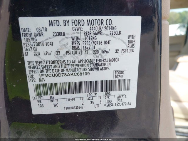 45880095 :رقم المزاد ، 1FMCU0D78AKC68109 vin ، 2010 Ford Escape Xlt مزاد بيع