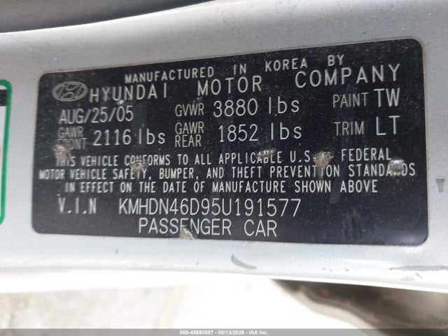 Aukcja sprzedaży 2005 Hyundai Elantra Gls/gt, vin: KMHDN46D95U191577, numer aukcji: 45880097