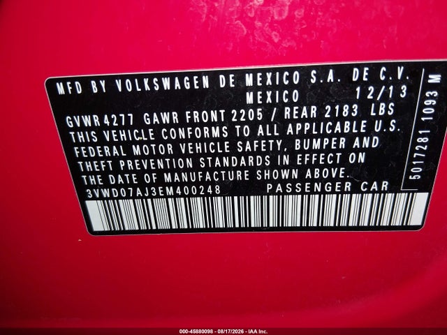 2014 Volkswagen Jetta 1.8t Se მანქანა იყიდება აუქციონზე, vin: 3VWD07AJ3EM400248, აუქციონის ნომერი: 45880098