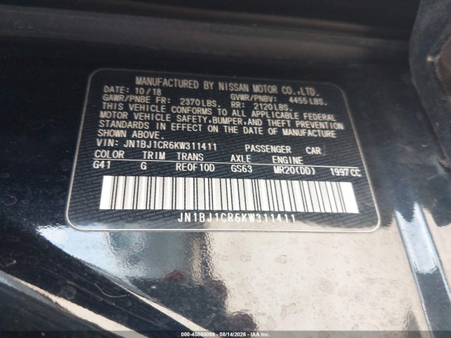 Aukcja sprzedaży 2019 Nissan Rogue Sport Sv, vin: JN1BJ1CR6KW311411, numer aukcji: 45880099