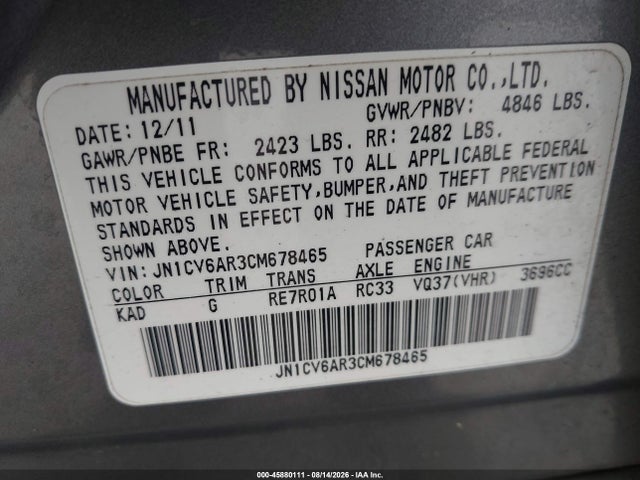 Продажа на аукционе авто 2012 Infiniti G37x, vin: JN1CV6AR3CM678465, номер лота: 45880111