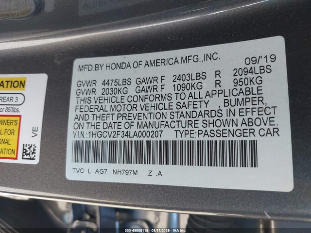 Aukcja sprzedaży 2020 Honda Accord Sport 2.0t, vin: 1HGCV2F34LA000207, numer aukcji: 45880115