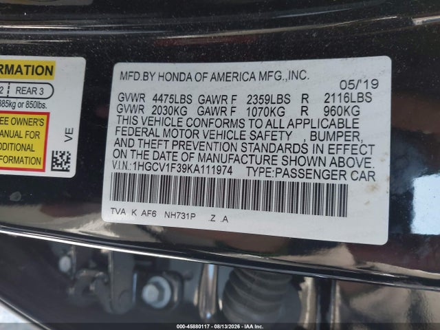 1HGCV1F39KA111974 Honda Accord Sport