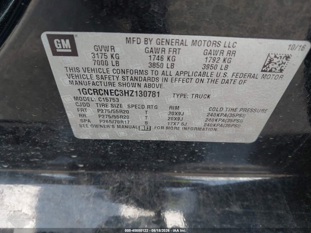 2017 Chevrolet Silverado 1500 Work Truck მანქანა იყიდება აუქციონზე, vin: 1GCRCNEC3HZ130781, აუქციონის ნომერი: 45880122