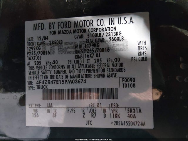 2005 Mazda B4000 Se მანქანა იყიდება აუქციონზე, vin: 4F4ZR47E15PM03674, აუქციონის ნომერი: 45880123