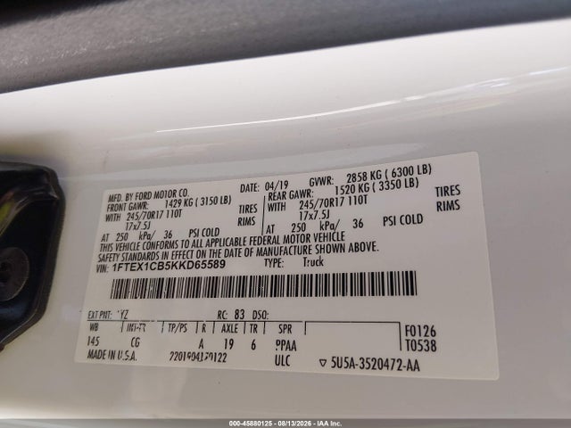 2019 Ford F-150 Xl მანქანა იყიდება აუქციონზე, vin: 1FTEX1CB5KKD65589, აუქციონის ნომერი: 45880125