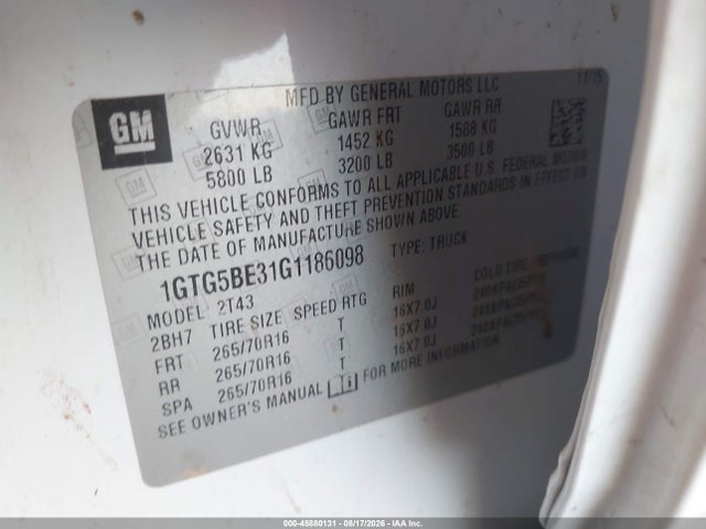 45880131 :رقم المزاد ، 1GTG5BE31G1186098 vin ، 2016 Gmc Canyon 2wd مزاد بيع