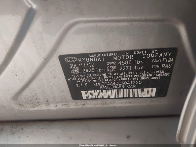 Продаж на аукціоні авто 2012 Hyundai Sonata Hybrid, vin: KMHEC4A40CA041230, номер лоту: 45880136