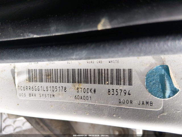 45880138 :رقم المزاد ، 1C6RR6GG1LS105178 vin ، 2020 Ram 1500 Classic مزاد بيع