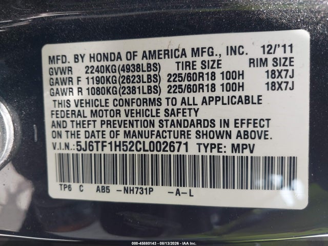 Aukcja sprzedaży 2012 Honda Crosstour Ex-l, vin: 5J6TF1H52CL002671, numer aukcji: 45880143