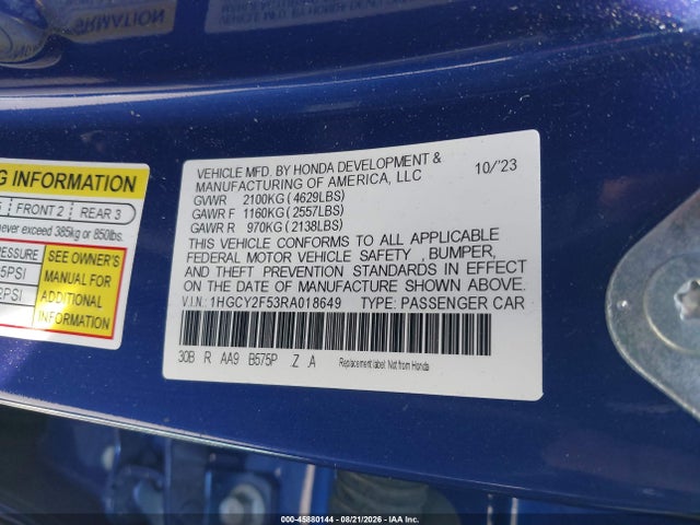 1HGCY2F53RA018649 Honda Accord Hybrid Sport