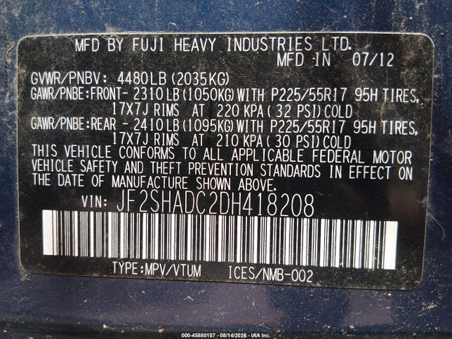2013 Subaru Forester 2.5x Premium მანქანა იყიდება აუქციონზე, vin: JF2SHADC2DH418208, აუქციონის ნომერი: 45880157