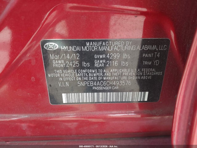 2012 Hyundai Sonata Gls მანქანა იყიდება აუქციონზე, vin: 5NPEB4AC6CH493576, აუქციონის ნომერი: 45880171