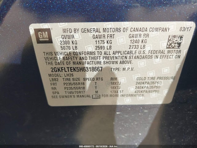 45880172 :رقم المزاد ، 2GKFLTEK5H6318667 vin ، 2017 Gmc Terrain Sle-2 مزاد بيع