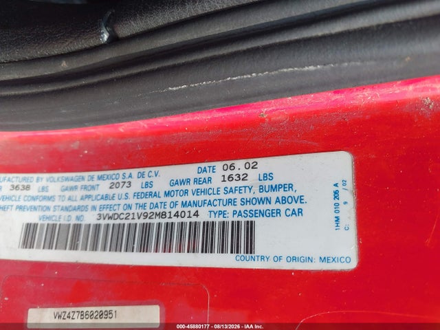 Продажа на аукционе авто 2002 Volkswagen Cabrio Glx, vin: 3VWDC21V92M814014, номер лота: 45880177