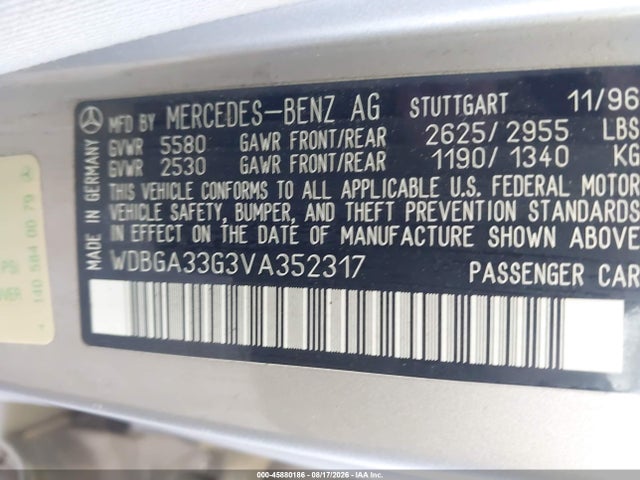 45880186 :رقم المزاد ، WDBGA33G3VA352317 vin ، 1997 Mercedes-benz S 320 Base Lwb مزاد بيع