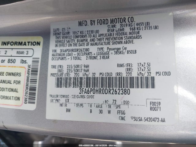 Продаж на аукціоні авто 2013 Ford Fusion Se, vin: 3FA6P0HR0DR262380, номер лоту: 45880196