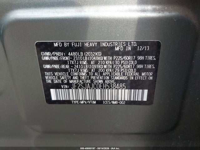 Продаж на аукціоні авто 2014 Subaru Forester 2.5i Limited, vin: JF2SJAJC0EH538485, номер лоту: 45880197
