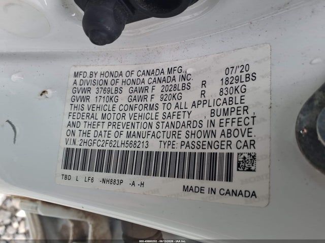2020 Honda Civic Lx მანქანა იყიდება აუქციონზე, vin: 2HGFC2F62LH568213, აუქციონის ნომერი: 45880202