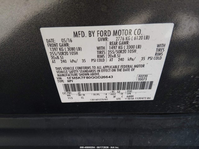 Aukcja sprzedaży 2016 Ford Explorer Limited, vin: 1FM5K7F80GGD26643, numer aukcji: 45880204