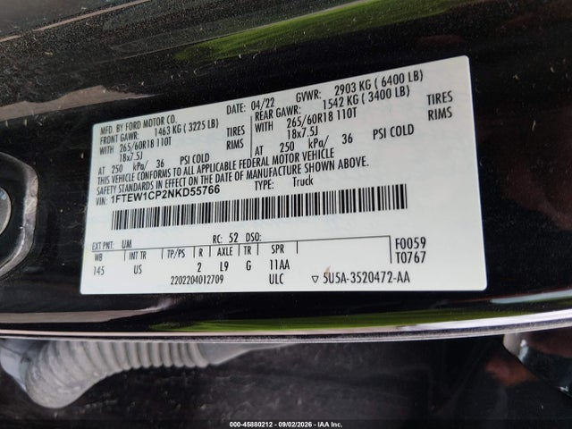45880212 :رقم المزاد ، 1FTEW1CP2NKD55766 vin ، 2022 Ford F-150 Xlt مزاد بيع