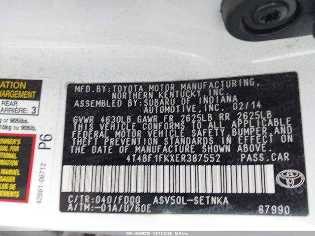 Продажа на аукционе авто 2014 Toyota Camry Le, vin: 4T4BF1FKXER387552, номер лота: 45880220