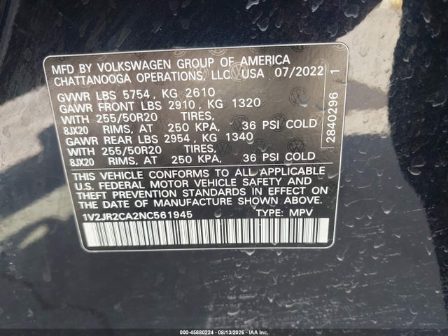 Aukcja sprzedaży 2022 Volkswagen Atlas 3.6l V6 Se W/technology, vin: 1V2JR2CA2NC561945, numer aukcji: 45880224