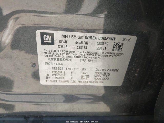 2016 Buick Encore მანქანა იყიდება აუქციონზე, vin: KL4CJASB2GB727793, აუქციონის ნომერი: 45880230