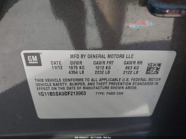 2013 Chevrolet Malibu 1ls მანქანა იყიდება აუქციონზე, vin: 1G11B5SA9DF213963, აუქციონის ნომერი: 45880231