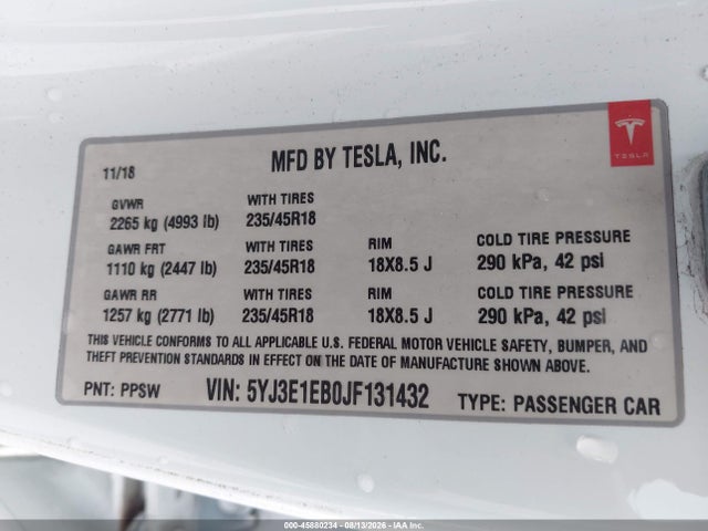 2018 Tesla Model 3 Long Range/performance მანქანა იყიდება აუქციონზე, vin: 5YJ3E1EB0JF131432, აუქციონის ნომერი: 45880234