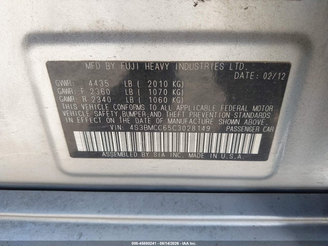 Aukcja sprzedaży 2012 Subaru Legacy 2.5i Premium, vin: 4S3BMCC65C3028149, numer aukcji: 45880241