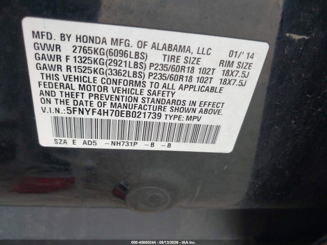 Продаж на аукціоні авто 2014 Honda Pilot Ex-l, vin: 5FNYF4H70EB021739, номер лоту: 45880244
