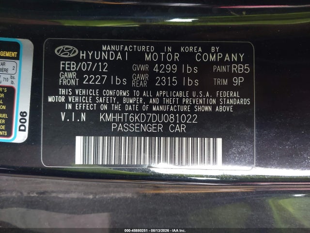 Aukcja sprzedaży 2013 Hyundai Genesis 2.0t, vin: KMHHT6KD7DU081022, numer aukcji: 45880251