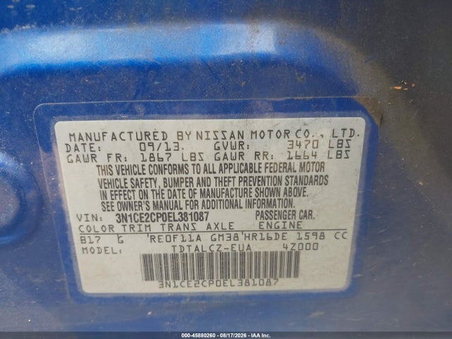 45880260 :رقم المزاد ، 3N1CE2CP0EL381087 vin ، 2014 Nissan Versa Note S Plus مزاد بيع