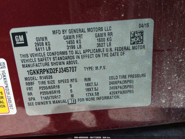 Aukcja sprzedaży 2015 Gmc Acadia Sle-2, vin: 1GKKRPKD2FJ345707, numer aukcji: 45880265