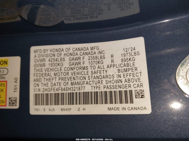 2HGFE4F84SH321877 Honda Civic Hybrid Sport/sport Touring