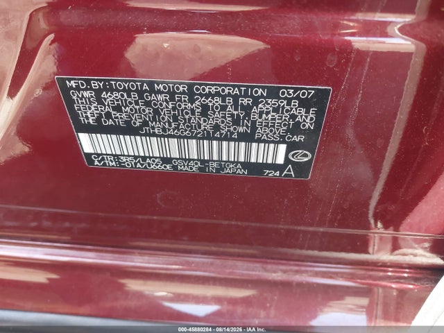 Продаж на аукціоні авто 2007 Lexus Es 350, vin: JTHBJ46G672114714, номер лоту: 45880284