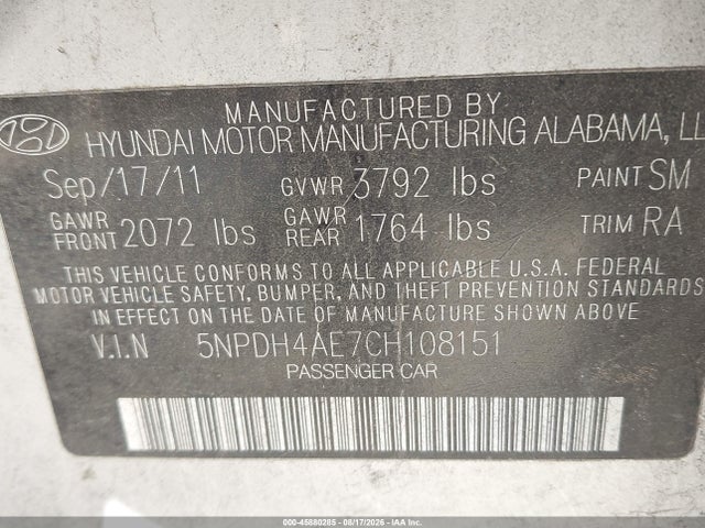 45880285 :رقم المزاد ، 5NPDH4AE7CH108151 vin ، 2012 Hyundai Elantra Limited مزاد بيع
