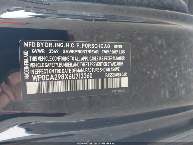 2006 Porsche Boxster მანქანა იყიდება აუქციონზე, vin: WP0CA298X6U713360, აუქციონის ნომერი: 45880298
