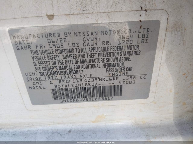 2022 Nissan Versa 1.6 S Xtronic Cvt მანქანა იყიდება აუქციონზე, vin: 3N1CN8DV5NL853817, აუქციონის ნომერი: 45880300