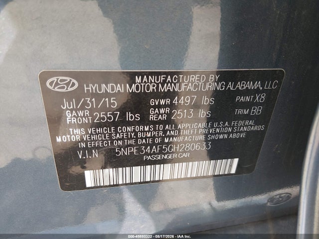 2016 Hyundai Sonata Sport მანქანა იყიდება აუქციონზე, vin: 5NPE34AF5GH280633, აუქციონის ნომერი: 45880322