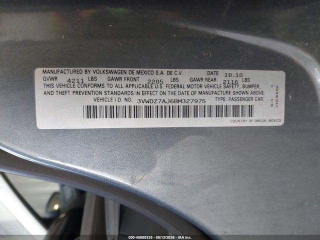 Продаж на аукціоні авто 2011 Volkswagen Jetta 2.5l Se, vin: 3VWDZ7AJ6BM327975, номер лоту: 45880335