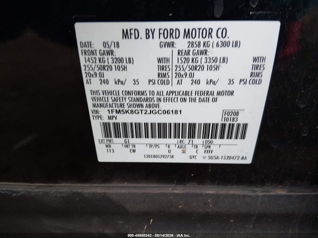1FM5K8GT2JGC06181 Ford EXPLORER SPORT