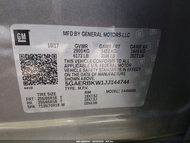 2018 Buick Enclave Essence მანქანა იყიდება აუქციონზე, vin: 5GAERBKW1JJ144744, აუქციონის ნომერი: 45880351