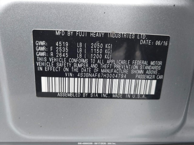 2017 Subaru Legacy 2.5i Premium მანქანა იყიდება აუქციონზე, vin: 4S3BNAF67H3004794, აუქციონის ნომერი: 45880359