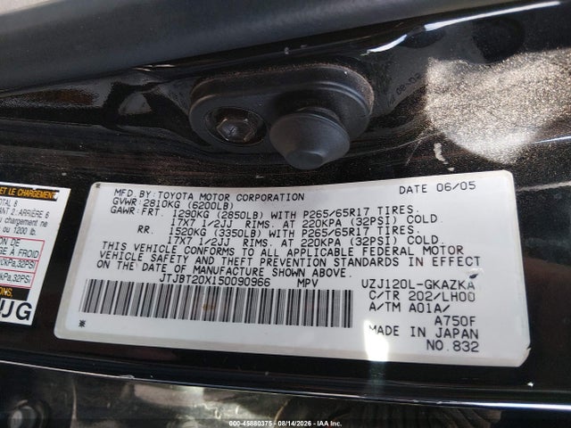45880375 :رقم المزاد ، JTJBT20X150090966 vin ، 2005 Lexus Gx 470 مزاد بيع