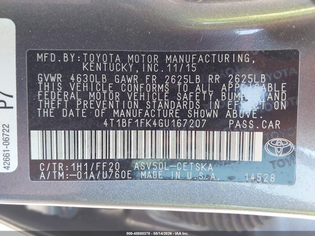 2016 Toyota Camry Se მანქანა იყიდება აუქციონზე, vin: 4T1BF1FK4GU167207, აუქციონის ნომერი: 45880378