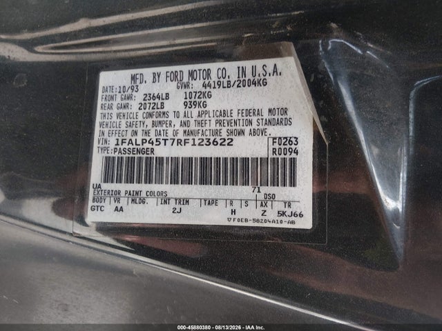 Aukcja sprzedaży 1994 Ford Mustang Gt, vin: 1FALP45T7RF123622, numer aukcji: 45880380